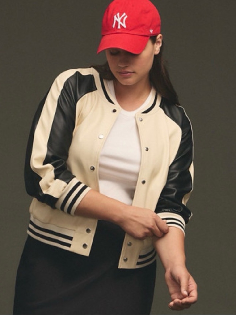 Anthropologie Faux Leather Bomber Jacket - Cream and Black Varsity size M